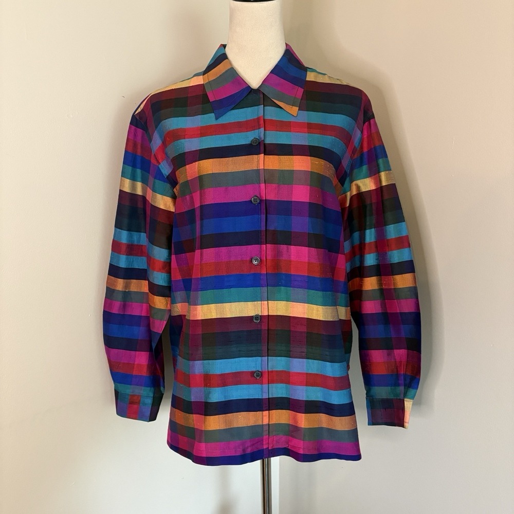 VTG New York City Blouse Co 100% Slub Silk Rainbow Plaid Button Up Shirt Medium